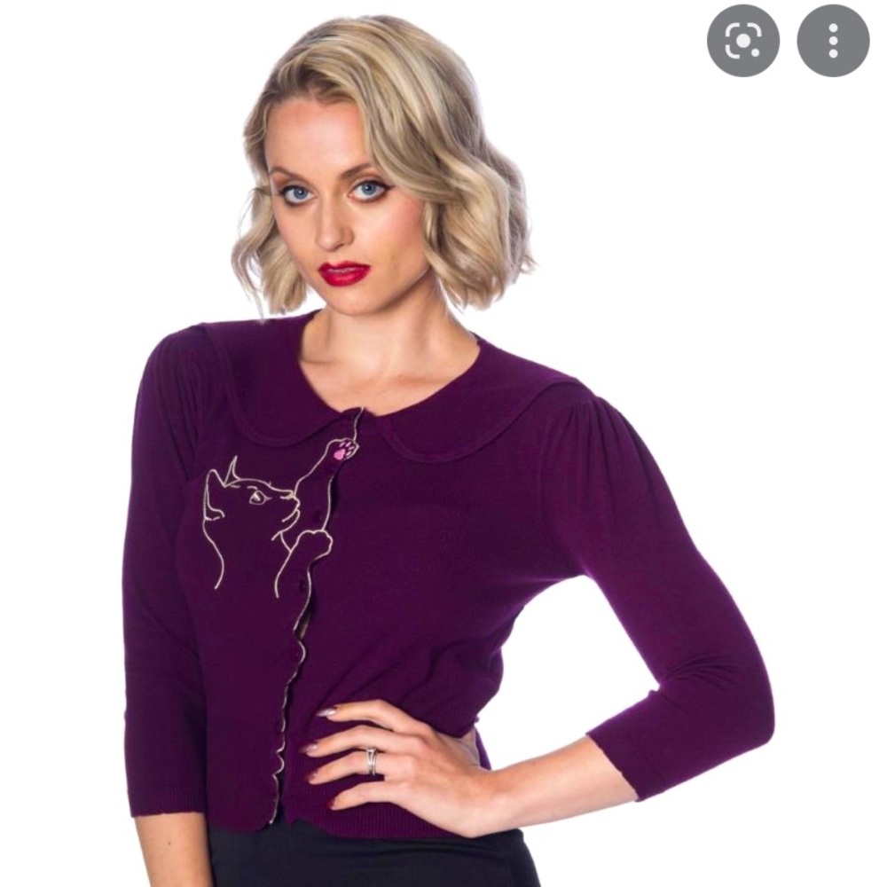 Purple Cat-Appliqué Peter Pan Collar Sweater Cardigan